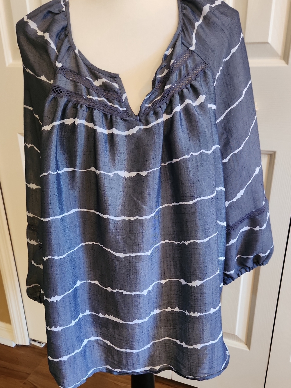 Como Blu, Striped Navy and White Peasant Tunic, Size 1X